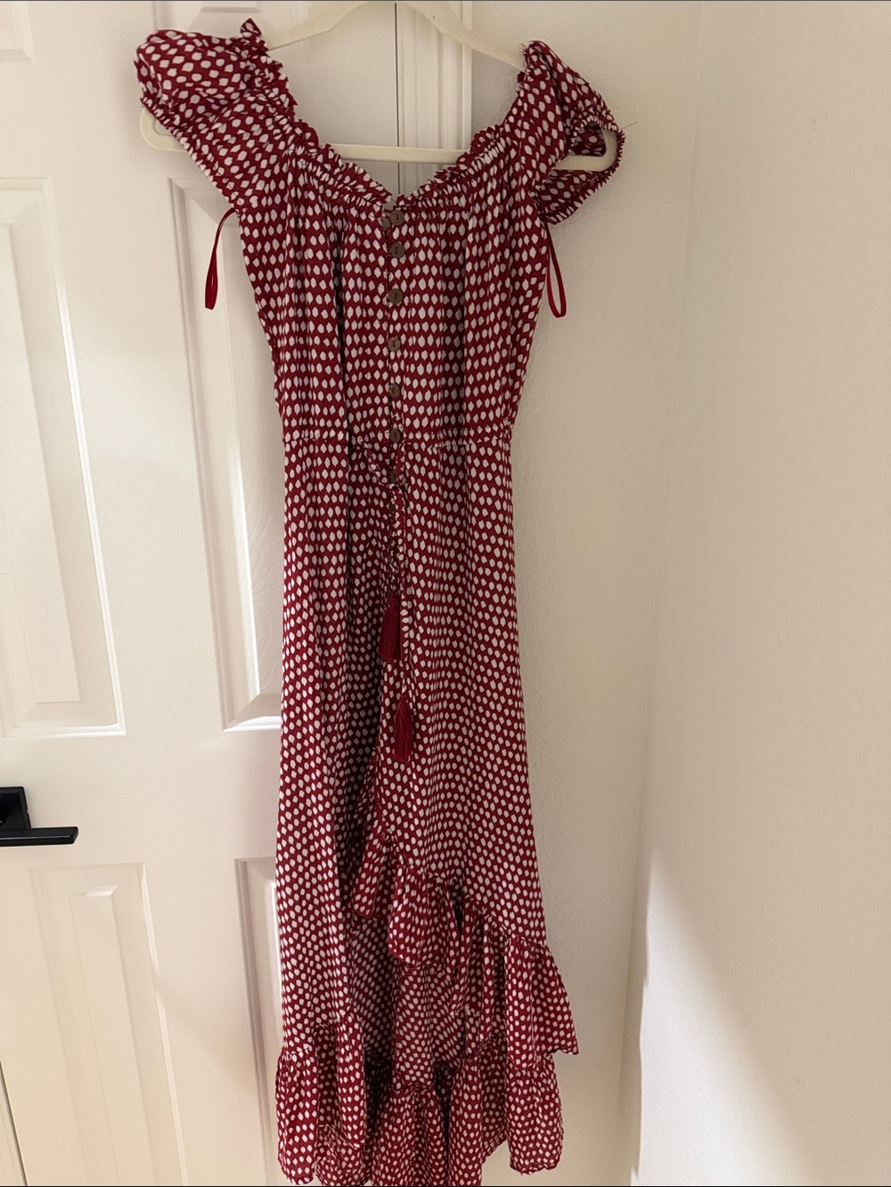 Tiare Hawaii Red Polka Dot Maxi Dress with Ruffle Hem